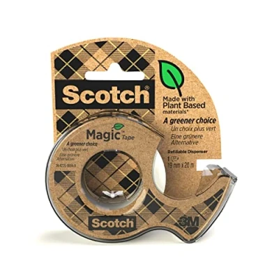 Immagine di Scotch Magic Green Nastro Adesivo Invisibile, 19x20 mm Include 1 Dispenser di Plastica 100% Riciclata Ricaricabile, Multiuso per Casa, Ufficio e Scuola