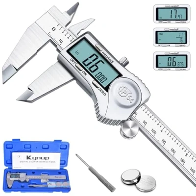 Immagine di Kynup Calibro Digitale IP54 Impermeabile, Professionale Micrometro in Acciaio da 150mm/6 pollice, Metallo con Ampio Display LCD, Pollici/Millimetri/Frazione Conversione Elettronico