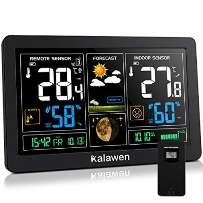 Immagine di Kalawen Stazione Meteo Automatica Digitale Wireless Meteorologica con Ampio Schermo LCD Display Sveglia Tempo Data Temperatura Umidità Previsioni di Sensore Esterno