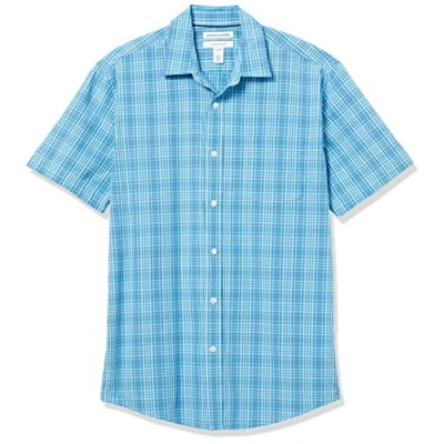 Immagine di Amazon Essentials Camicia in Popeline a Maniche Corte Regular Fit Uomo, Blu Bianco Motivo Scozzese, S