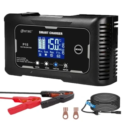 Immagine di SolaMr 15A Caricabatteria per Auto, 12V e 24V Smart Automatic Battery Maintainer, Trickle Charger con Compensazione della Temperatura Camion, Moto Batterie al Litio Piombo P15