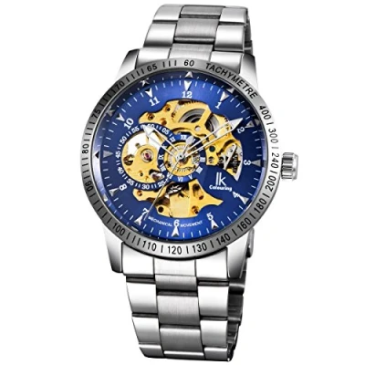 Immagine di Alienwork IK Orologio Automatico Uomo Donna Argento Bracciale in Acciaio Blu Scheletro
