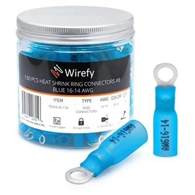Immagine di Wirefy 130 PZ Connettori Occhiello M4 Kit Terminali Anello Termoretraibili Capicorda Elettrici Crimpare Blu 1,5 2,5 mm²