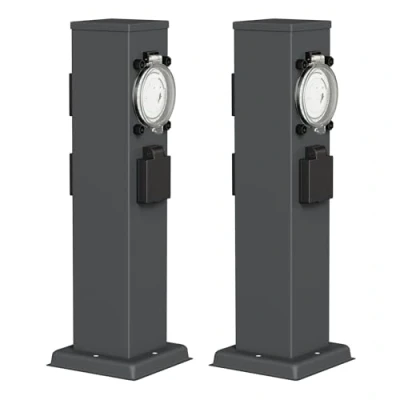 Immagine di ledscom.de 2 prese da giardino a colonna POLLY per esterni, IP44, timer/timer, 3 vie, acciaio inox, antracite, angolare, 38 cm