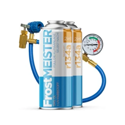 Immagine di FrostMEISTER 2 in 1 Set di ricarica per aria condizionata auto x 400 ml con tubo manometro Applicazione rapida, semplice ed ecologica (R134a, 1995 2016)