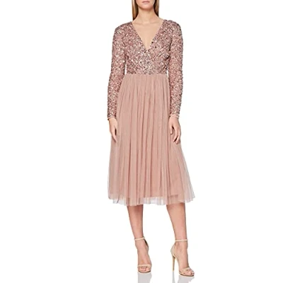 Immagine di Maya Deluxe Abito Longuette da Donna, a Maniche Lunghe, Scollo V, con Paillettes impreziosite Laurea Vestito per Damigella d?Onore, Malva Chiara, 36 EU