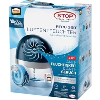 Immagine di Deumidificatore Pattex AERO 360o, umidificatore ultra assorbente per ambienti, aiuta ad evitare la condensa, l’odore di muffa e moderno, 1 apparecchio incl. vaschetta ricarica 450 g