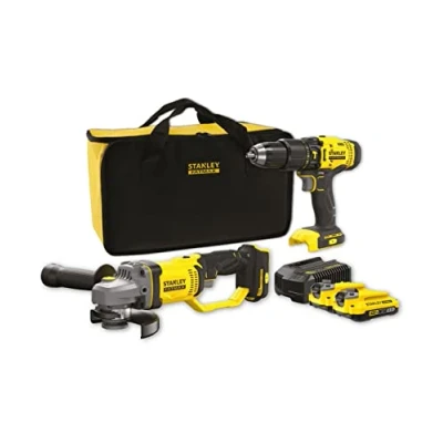 Immagine di Stanley FATMAX, Kit Fatmax V20 smerigliatrice angolare a batteria da 125 mm, trapano percussione batteria, caricabatterie e 2 batterie al litio 2,0 Ah + valigetta. SFMCK471D2S QW