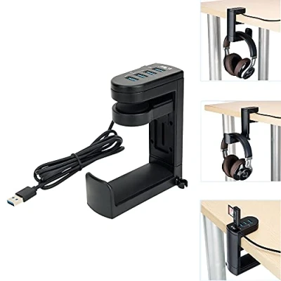 Immagine di supporto per cuffie con hub USB, auricolare sotto la scrivania 4 porte USB (1 3.0 + 3 2.0), staffa regolabile girevole a 360 cuffie, ombrello, borsa