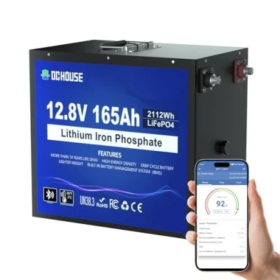 Immagine di DCHOUSE batteria al litio LiFePO4 da 12 V, 165 Ah, con Bluetooth, protezione dalle basse temperature, Deep CycleLite, perfetta per camper, impianti solari, roulotte, campeggio