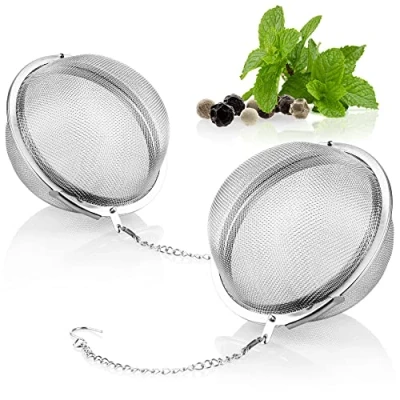 Immagine di COM FOUR® colino da tè 2x in acciaio inossidabile 304 infusore per sfuso, erbe e spezie filtro a maglia fine con catena (2 pezzi 6,5 cm Ø)