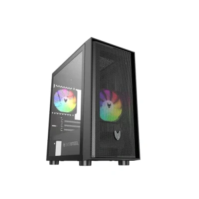 Immagine di Oversteel Aeris Case per PC da gioco compatibile con schede Micro ATX e ITX, 2 ventole RGB 120 mm, frontale a rete, filtri antipolvere, vetro laterale temperato, USB 3.0, colore nero