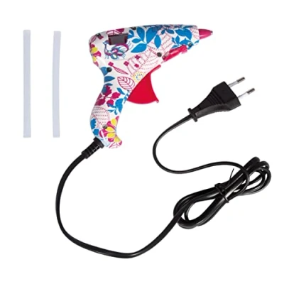 Immagine di Rayher pistola colla a caldo mini con design floreale &quot;Flower Power&quot;, 12 x cm, filo e supporto di sostegno, 2 stick inclusi, 30215000