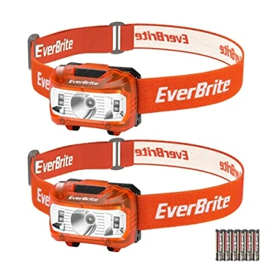 Immagine di EverBrite Lampada Frontale LED 2 Pezzi, Torcia 200 Lumen con 5 Modalità di Luce Bianca/Rossa/Verde, Lampade da Testa Angoli Regolabili a 65 per Campeggio, Corsa, Pesca (Arancia)