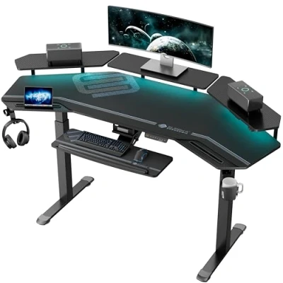 Immagine di EUREKA ERGONOMIC Scrivania Gaming 182x76 cm Regolabile in Altezza Elettrica Computer PC a Forma Ala con LED Ripiani Convertibili per Monitor, Vassoio Tastiera