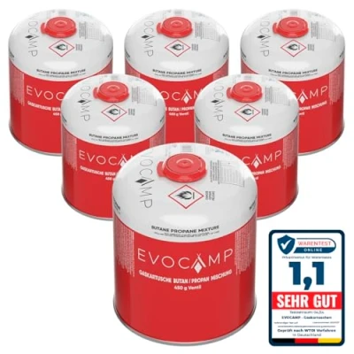 Immagine di EVOCAMP cartuccia di gas propano butano da 450g, a vite con filettatura europea 7/16&quot;, bombola valvola 809ml, bombolette utilizzabile per griglie Weber (6X)