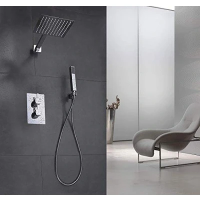 Immagine di Elbe Set doccia termostatico da incasso in acciaio inox 304 e ottone, con termostato, Sistema a 3 funzioni, finitura cromata, soffione quadrato 8inch (20cm), facile installazione