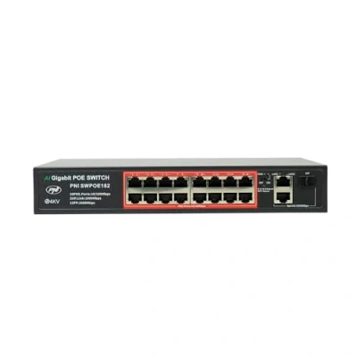 Immagine di Switch POE SWPOE162 PNI, 16 porte da 100 Mbps, 2 di collegamento UP 1000 1 porta SFP 240 W, AI Extend fino a 250 m, protezione contro i fulmini 4 kV