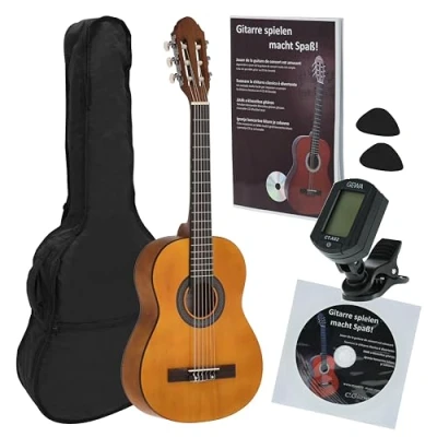 Immagine di JUAN MIGUEL NAVARREZ Chitarra classica 1/2 starter set miele (borsa, accordatore, plettri, libro con CD)