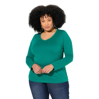 Immagine di Ulla Popken Maglia Aderente con Scollo a V e Maniche Lunghe smeraldino 54+ 719505469