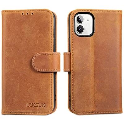Immagine di Lensun Custodia per iPhone 12 Mini, Cover in Vera Pelle [RFID Blocking] Libro con Portafoglio Antiurto Chiusura Magnetico Flip Custodie Cuoio Telefono Mini Marrone Retrò