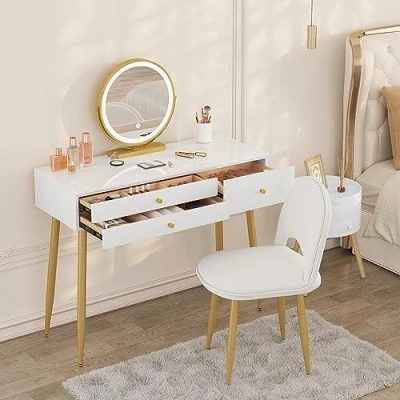 Immagine di WOLTU Toeletta da Trucco con Sgabello e Specchio LED, Postazione Make Up Luci Regolabili, 3 Cassetti, Sedia in Velluto Schienale, Legno Metallo, Bianco + Crema Oro, MB6105ws