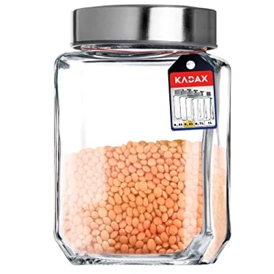 Immagine di KADAX Storage Glass, contenitore di vetro con un coperchio in plastica, alimentare vetro, posa per noodles, spaghetti, spezie, a pizzico, trasparente, ermetico (500 ml, grigio)