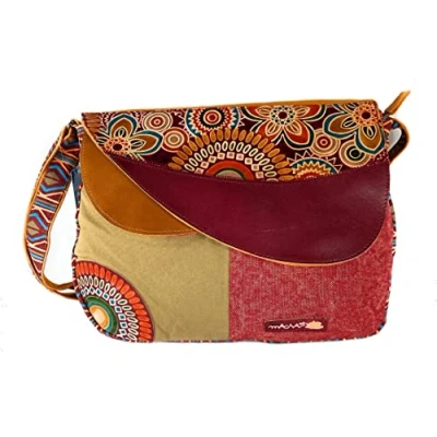 Immagine di Macha borsa a tracolla mano in cotone e pelle con inserti stampe colorate, etnica indiana per donna hippie boho, Arancione, Width: 35 cm Height: 28 Bellows: 10