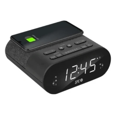 Immagine di SPC Frodi QI Radio sveglia con ricarica wireless per il tuo smartphone, 2 allarmi e 10 memorie le tue stazioni radio, colore: nero