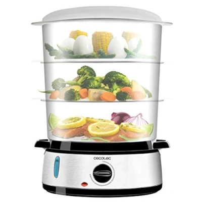 Immagine di Cecotec Vapovita 3000 Steamer elettrico in acciaio inox con 800 W, 3 contenitori indipendenti, ciotola per riso, portauova, timer 60 minuti, 2 prese d&#039;acqua laterali, grigio