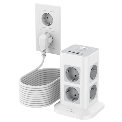 Immagine di TESSAN Ciabatta Multipresa con USB C e 3 A, Elettrica 10 metri, 8 Prese Protezione Sovratensione, Interruttore, Torretta Schuko 3600W