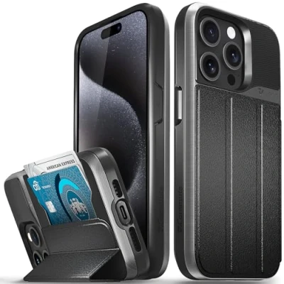 Immagine di VENA vCommute Custodia a portafoglio compatibile con Apple iPhone 15 Pro (6,1 pollici), protezione dalle cadute di grado militare, in pelle, scomparto per carte credito e supporto, colore