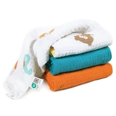 Immagine di MAKIAN Mussole Neonato 80x80cm Cotone 100% Teli in Mussola Qualità Premium Conf. da 3, Testati OEKO TEX® Standard 100 (Turchese, Arancione, Animaletti)