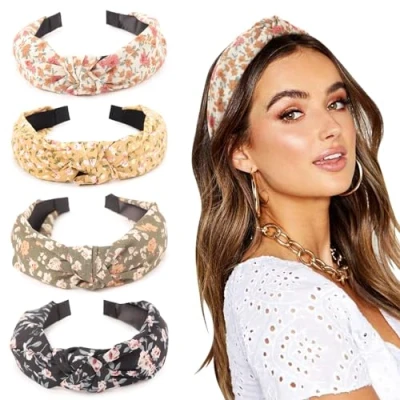 Immagine di DRESHOW 4 Pezzi Fasce per Donna e Ragazze Fiore Stampato Annodato Plastica Capelli Moda Boho Larghe Accessori Antiscivolo