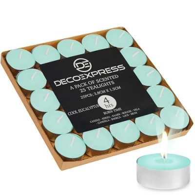 Immagine di DECO EXPRESS Candele Tealight 24, 25, 50, 100, 200 Pezzi, Lunga Durata 4/8/10 Ore Vari Colori (Eucalipto 25/4 ore)
