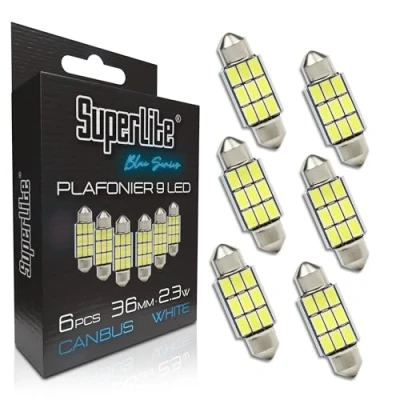 Immagine di Superlite Set di 6 lampadine da soffitto a 9 Leds, 36 mm 2,3W della gamma Blue Series. Tecnologia CanBus luce bianca. Ideale per auto e camion.