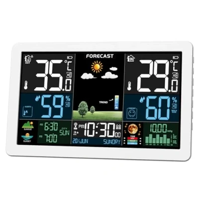 Immagine di Stazione Meteo con Sensore Esterno, Barometro Digitale LCD Wireless a Colori DCF, Sveglia, Fase Lunare, Previsioni Meteo, Retroilluminazione Regolabile, Bianco