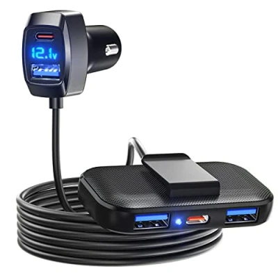 Immagine di LENCENT Caricabatterie da Auto con 5 USB, 31W(Max), 3 USB A &amp; 2 C, Rilevamento di Tensione, Adattatore Cavo 1.5M per Ricarica Sedile Posteriore, Cellulari