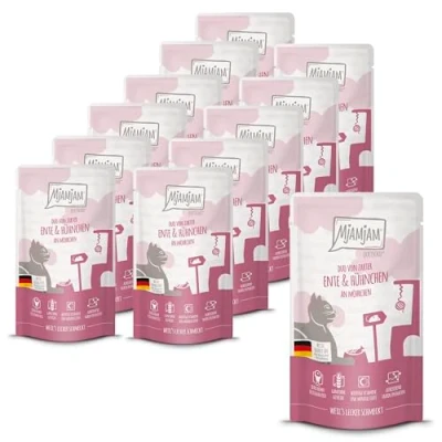 Immagine di MjAMjAM Cibo umido premium per gatti Quetschie DUO a base di tenera anatra e succoso pollo con carotin, confezione da 12 (12 x 125g), senza cereali carne extra