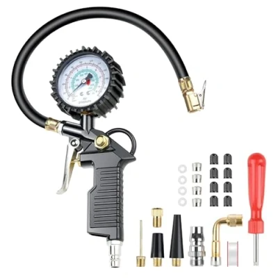 Immagine di Behiruch Manometro per Pneumatici 220PSI Pistola Digitale e Compressore con 8 Tappi Valvola 2 Ugelli 1 Francese Stelo di Prolunga in Metallo 90 Gradi, auto moto biciclette