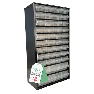 Immagine di Raaco Cassettiera Porta Minuteria C12 40, 36 kg Capacità, 15 x 30,6 55,2 cm, 40 Cassetti Trasparenti, Attrezzi in Acciaio per Officina, Organizer Parete, Officina