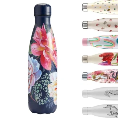 Immagine di Chilly&#039;s Borraccia in acciaio inox e riutilizzabile, a prova di perdite, sudore, con camelia rampicante, 500 ml