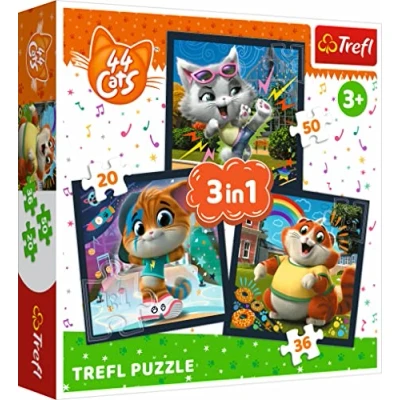Immagine di Trefl 3in1, 20 a 50 Elementi Personaggi Delle Fiabe 44 gatti, Diversi Gradi di Difficoltà, per Bambini dai 3 anni Puzzle, Colore Cats, Incontrare Gattini Carini, 34865