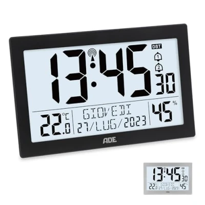 Immagine di ADE Orologio digitale radiocontrollato con grande display XL Data e giorno della settimana termometro igrometro da parete Sveglia radiocontrollata argento