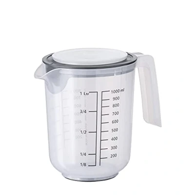 Immagine di APS mixing cup with lid misurino con bilancia per liquidi (l/ml), zucchero (g) e farina / volume 1 litro/Ø 12,5 cm/altezza 16 cm/lavabile in lavastoviglie