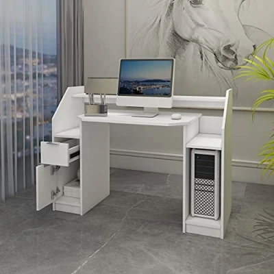 Immagine di ML Design Scrivania per Computer con Cassetto Porta Spazio di Archiviazione e Ripiani Aperti 123,2 x 90 cm Bianco in Legno Postazione da Lavoro Tavolo Portatile Mobili Ufficio