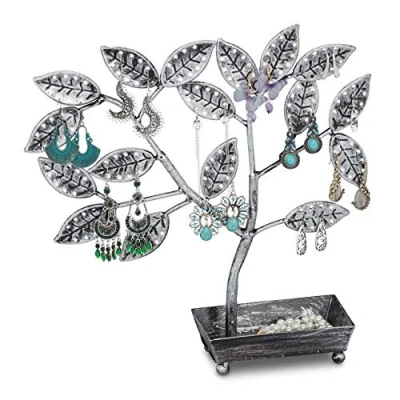 Immagine di Relaxdays Albero Portagioielli con Cestino, per 68 Paia di Orecchini, 31x31x8,5 cm, Porta Collane in Ferro, Argento/Nero