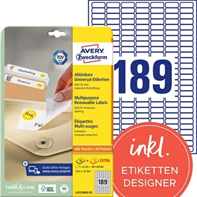 Immagine di Avery Zweckform L4731REV 25 25.4 x 10 mm Carta Bianco 5760 pz. Staccabile Etichetta universale Inchiostro, Laser, Copia