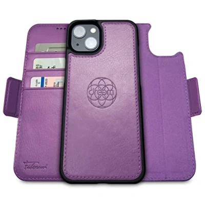 Immagine di dreem Fibonacci compatibile con iPhone 14 custodia a portafoglio/custodia antiurto 2 in 1 e folio pelle vegana staccabile, MagSafe, protezione RFID [Viola]