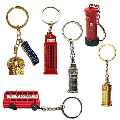 Immagine di Souvenirs 6 portachiavi a forma di autobus Londra, 3D, Big Ben, cabina telefonica, cassetta postale, metallo pressofuso, corona, Multicolore, approx with chain 14.5 x 10.5